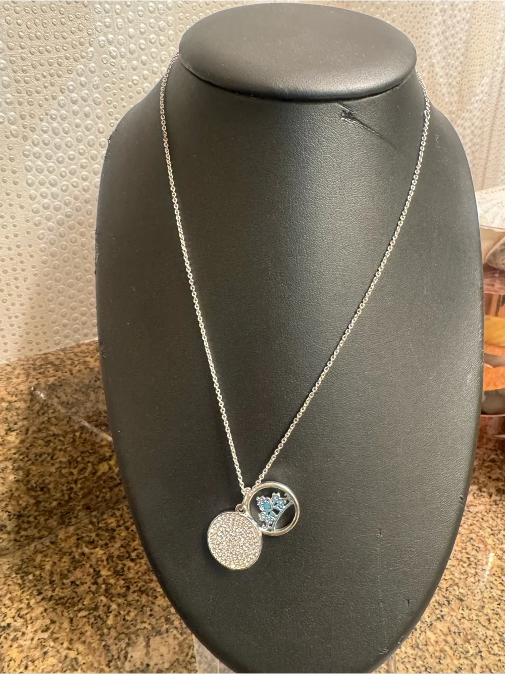 Disney Silver tone  Double Disc Pendant Necklace with Blue Accent
